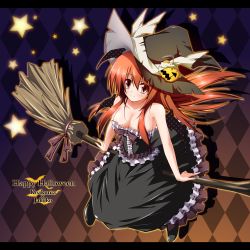 Rule 34 | 1girl, alternate costume, argyle, argyle background, argyle clothes, bad id, bad pixiv id, bare shoulders, bat wings, breasts, broom, broom riding, cleavage, corset, dress, embodiment of scarlet devil, female focus, frilled dress, frills, halloween, hat, head wings, highres, jack-o&#039;-lantern, koakuma, long hair, medium breasts, midoriiro no shinzou, pumpkin, red eyes, red hair, scythe, sidesaddle, smile, solo, touhou, wings, witch, witch hat