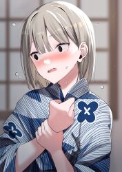 Rule 34 | 1girl, blonde hair, blue kimono, blurry, blurry background, blush, clothes lift, embarrassed, floral print, highres, japanese clothes, kimono, kimono lift, looking to the side, mole, mole under eye, motto notto, open mouth, original, short hair, solo, striped clothes, striped kimono, sweat, upper body, yellow eyes