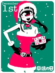 Rule 34 | 1girl, bare shoulders, black gloves, black hair, blush, box, breasts, christmas, cleavage, collarbone, cowboy shot, cyclops, fur trim, gift, gift box, gloves, hand on own hip, hat, hitomi (hitomi sensei no hokenshitsu), hitomi sensei no hokenshitsu, large breasts, long hair, manaka hitomi, monster girl, official art, one-eyed, ponytail, red eyes, santa costume, santa hat, shake-o, sidelocks, solo, white border