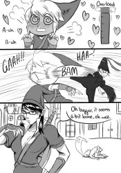 Rule 34 | 1boy, 1girl, 3koma, @ @, bayonetta (series), blush, breasts, censored, cleavage, comic, cosplay, crossover, earrings, english text, full-face blush, giving up the ghost, glasses, hat, highres, in the face, jewelry, kicking, kitsune23star, large breasts, link, link (cosplay), md5 mismatch, monochrome, nintendo, novelty censor, parody, the legend of zelda, triforce