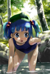 Rule 34 | 1girl, :o, bent over, blue eyes, blue hair, blush, dappled sunlight, female focus, forest, hair bobbles, hair ornament, hat, kannazuki hato, kawashiro nitori, matching hair/eyes, nature, one-piece swimsuit, rock, school swimsuit, solo, sunlight, swimsuit, thigh gap, thighs, touhou, tree shade, twintails, two side up, wading, water