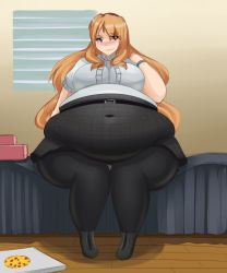 Rule 34 | 1girl, belly, belt, big belly, blonde hair, blush, breasts, brown eyes, bursting belly, fat, food, golden time, heavy, highres, huge belly, kaga kouko, large breasts, long hair, metalforever, navel, obese, obese female, on bed, pizza, plaid, plaid skirt, sitting, skirt, smile, solo, thick thighs, thighs