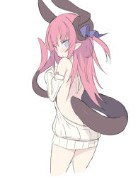 Rule 34 | 10s, 1girl, back, backless dress, backless outfit, bare back, bare shoulders, blade (galaxist), blue eyes, blush, cropped legs, dragon tail, dress, elizabeth bathory (fate), elizabeth bathory (fate/extra ccc), fate/extra, fate/extra ccc, fate (series), from behind, halterneck, horns, long hair, looking at viewer, meme attire, naked sweater, pink hair, pointy ears, simple background, sketch, solo, sweater, sweater dress, tail, virgin killer sweater, white background