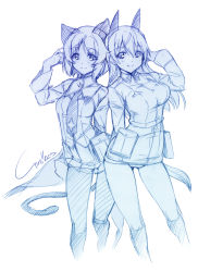 Rule 34 | 2girls, animal ears, arm behind back, blush, breasts, cat ears, contrapposto, dog ears, dog tail, eila ilmatar juutilainen, gluteal fold, hand in own hair, ikeda sakura, long hair, looking at viewer, medium breasts, military, military uniform, multiple girls, necktie, pouch, sanya v. litvyak, short hair, smile, strike witches, tail, uniform, white background, world witches series