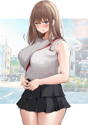 Rule 34 | 1girl, absurdres, between breasts, black skirt, blunt bangs, blush, breasts, commentary request, dot nose, grey eyes, hair over shoulder, highres, large breasts, layered skirt, light brown hair, long hair, looking at viewer, neneneji, original, outline, own hands together, parted lips, skirt, solo, strap between breasts, sweatdrop, thick arms, thick thighs, thighs, white outline