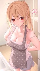 Rule 34 | 1girl, apron, bad id, bad pixiv id, black apron, blonde hair, blonde hair-chan (ramchi), blush, breasts, cleavage, collarbone, fang, highres, large breasts, long hair, looking at viewer, open mouth, original, polka dot, polka dot apron, ponytail, ramchi, red eyes, signature, solo, underwear