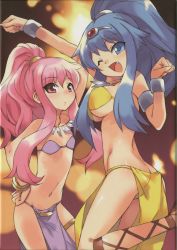 Rule 34 | 00s, 2girls, ass, bikini, breasts, dancer, fang, flat chest, green eyes, highres, jewelry, large breasts, loincloth, long hair, long legs, lots of jewelry, louise francoise le blanc de la valliere, multiple girls, official art, one eye closed, pink eyes, pink hair, swimsuit, sylpheed, usatsuka eiji, wink, zero no tsukaima