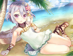 Rule 34 | 1girl, :d, baby bottle, bare shoulders, beach, blush, bottle, casual one-piece swimsuit, collarbone, covered navel, day, elf, flower, frilled swimsuit, frills, fujima takuya, full body, gluteal fold, green one-piece swimsuit, hair between eyes, hair flower, hair ornament, holding, holding bottle, horizon, kokkoro (princess connect!), kokkoro (summer) (princess connect!), looking at viewer, lying, ocean, on side, one-piece swimsuit, open mouth, outdoors, palm tree, pink eyes, pink flower, pointy ears, princess connect!, purple eyes, sand, shiny skin, short hair, silver hair, sitting, sky, smile, solo, swimsuit, tree, twitter username, water, white flower, yokozuwari