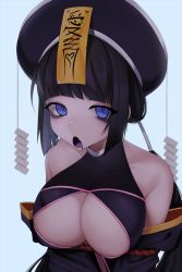 Rule 34 | 1girl, bags under eyes, bare shoulders, blue background, blue eyes, blunt bangs, borrowed character, breasts, chinese clothes, cleavage, commentary request, drooling, fang, hat, highres, jiangshi, large breasts, looking at viewer, ofuda, ompf, open mouth, original, purple hair, purple hat, short hair, sidelocks, simple background, solo, upper body
