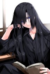 Rule 34 | 1boy, black hair, black pants, black shirt, blouse, book, collarbone, collared shirt, dress shirt, elbow rest, hair between eyes, hand up, head rest, highres, holding, holding book, indoors, knee up, long hair, long sleeves, looking at viewer, male focus, open book, original, pants, reading, shirt, sitting, solo, straight hair, waka (shark waka)