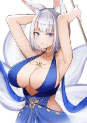 Rule 34 | 1girl, absurdres, alternate costume, animal ears, armpits, arms up, azur lane, bare shoulders, blue dress, blue eyes, blunt bangs, breasts, cleavage, collarbone, dress, fox ears, fox tail, highres, huge filesize, jewelry, kaga (azur lane), kaga (exalted white wings) (azur lane), large breasts, looking at viewer, makeup, multiple tails, necklace, parted lips, pnatsu, short hair, sleeveless, solo, tail, white hair
