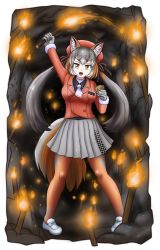 Rule 34 | absurdres, adansosutega, animal ear fluff, animal ears, blazer, gloves, hat, highres, island fox (kemono friends), jacket, kemono friends, kemono friends v project, long hair, looking at viewer, necktie, open mouth, school uniform, shirt, shoes, silver hair, skirt, smile, solo, tail, twintails, virtual youtuber