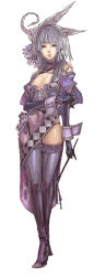 Rule 34 | 1girl, blunt bangs, breasts, choker, cleavage, crossed legs, detached sleeves, female focus, full body, gloves, grey hair, headdress, high heels, lace, lace-trimmed legwear, lace trim, purple theme, purple thighhighs, riding crop, simple background, solo, standing, thighhighs, white background, wrist cuffs