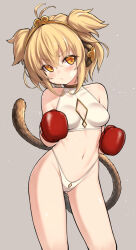Rule 34 | 1girl, alphy, andira (granblue fantasy), animal ears, antenna hair, bandaid, bandaid on face, blonde hair, blush, boxing, boxing gloves, breasts, cleavage cutout, clothing cutout, commentary request, erune, gloves, granblue fantasy, highleg, highleg panties, highres, leotard, looking at viewer, medium breasts, midriff, monkey ears, monkey girl, monkey tail, navel, paid reward available, panties, pouty lips, short hair, sports bra, stomach, tail, twintails, underwear, yellow eyes