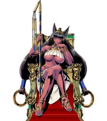Rule 34 | animal ears, black hair, breasts, cat ears, cleopatra (metal slug), crossed legs, egyptian, egyptian clothes, gold, golden, golden throne, jewelry, large breasts, long hair, metal slug, metal slug attack, navel, nekhakha, official art, scepter, staff, throne, underboob
