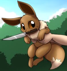 Rule 34 | 1other, black eyes, blush, brown eyes, carrying, closed mouth, creatures (company), eevee, game freak, gen 1 pokemon, knife, knife in mouth, looking to the side, mouth hold, nintendo, otakuap, pokemon, pokemon (creature), smile