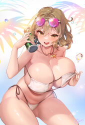Rule 34 | 1girl, absurdres, anis (nikke), anis (sparkling summer) (nikke), bare shoulders, bikini, blush, breasts, can, cleavage, collarbone, drink can, eyepatch bikini, eyewear on head, goddess of victory: nikke, highres, huge breasts, jewelry, kanola u, light brown hair, looking at viewer, necklace, official alternate costume, open clothes, open mouth, short hair, smile, soda can, solo, star (symbol), star necklace, sunglasses, swimsuit, thick thighs, thighs, white bikini, yellow eyes