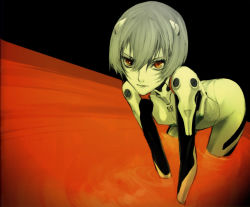 Rule 34 | 1girl, all fours, ayanami rei, blue hair, dutch angle, facing viewer, highres, interface headset, lcl, looking at viewer, neon genesis evangelion, partially submerged, plugsuit, red eyes, solo