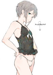 Rule 34 | 1boy, absurdres, blue eyes, bulge, character request, copyright request, english text, frills, hands on own hips, highres, hiranko, male focus, mars symbol, panties, short hair, side-tie panties, silver hair, simple background, smile, solo, trap, underwear, white background, white panties