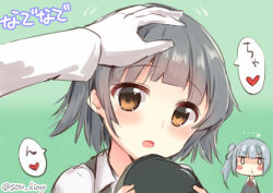 Rule 34 | ..., 2girls, :t, admiral (kancolle), arare (kancolle), black ribbon, blush, blush stickers, brown eyes, commentary request, gloves, grey hair, hair ribbon, hand on another&#039;s head, hat, unworn hat, headpat, unworn headwear, heart, holding, holding clothes, holding hat, kantai collection, kasumi (kancolle), long hair, long sleeves, multiple girls, open mouth, pout, remodel (kantai collection), ribbon, shaded face, short hair, side ponytail, simple background, sou (soutennkouchi), speech bubble, translation request, white background, white gloves