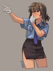 Rule 34 | 1girl, artist logo, artist name, black hair, black skirt, blowing, blue necktie, blue shirt, brown eyes, collared shirt, commentary request, cropped legs, ergot, fubuki (kancolle), gloves, grey background, highres, kantai collection, low ponytail, medium hair, necktie, official alternate costume, pencil skirt, police, police uniform, policewoman, ponytail, shirt, short ponytail, short sleeves, sidelocks, simple background, skirt, solo, uniform, white gloves