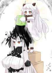 Rule 34 | !, 10s, 2girls, abyssal ship, ahoge, box, breasts, bucket, cardboard box, colored skin, detached sleeves, holding, horns, kantai collection, large breasts, long hair, mittens, multiple girls, northern ocean princess, red eyes, seaport princess, sideboob, single horn, sketch, translation request, white hair, white skin, wo jianqiang fu guo