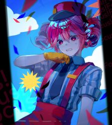 Rule 34 | 1girl, confetti, drill hair, gloves, hand up, hat, highres, kasane teto, mesmerizer (vocaloid), moshinya 32, open mouth, pants, pink eyes, pink hair, pink hat, pink pants, solo, suspenders, sweat, twin drills, upper body, utau, worried, yellow gloves