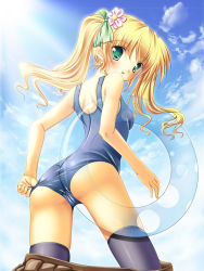 Rule 34 | 1girl, adjusting clothes, adjusting swimsuit, back, blonde hair, cloud, day, flower, green eyes, hair flower, hair ornament, hair ribbon, innertube, long hair, looking back, momo at ten, one-piece swimsuit, original, ribbon, school swimsuit, sky, solo, swim ring, swimsuit, thighhighs, twintails