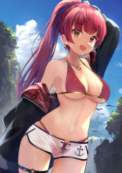Rule 34 | 1girl, :d, arm up, bare shoulders, bikini, bikini under clothes, black jacket, blue sky, blunt bangs, breasts, brown eyes, cleavage, cloud, collarbone, cowboy shot, cowengium, day, earrings, heterochromia, highres, hololive, houshou marine, houshou marine (summer), jacket, jewelry, large breasts, long sleeves, looking at viewer, navel, necklace, o-ring, o-ring thigh strap, off shoulder, open clothes, open jacket, open mouth, outdoors, ponytail, red bikini, red eyes, short shorts, shorts, sky, smile, solo, stomach, swimsuit, thigh strap, virtual youtuber, white shorts