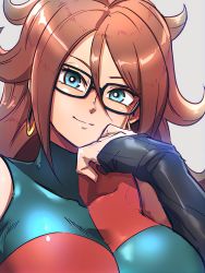 Rule 34 | 1girl, absurdres, android 21, black gloves, blue dress, blue eyes, breasts, checkered clothes, checkered dress, close-up, dragon ball, dragon ball fighterz, dress, earrings, elbow gloves, glasses, gloves, grey background, hand on own cheek, hand on own face, head tilt, highres, hoop earrings, jewelry, kemachiku, large breasts, light smile, long hair, looking at viewer, red dress, red hair, simple background, single glove, sleeveless, sleeveless dress, smile, solo, source request, spiked hair, two-tone dress, upper body