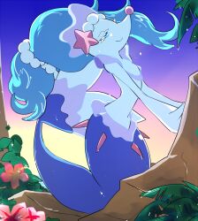 Rule 34 | blue hair, closed mouth, creatures (company), eyelashes, fins, fish tail, flower, forked tail, furry, game freak, gen 7 pokemon, hair ornament, k 39hope, long hair, mermaid, monster girl, nintendo, pokemon, pokemon (creature), primarina, smile, solo, spikes, starfish hair ornament, tail, very long hair