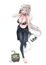 Rule 34 | 1girl, :d, absurdres, ahoge, animal ears, barefoot, bikini, bikini top only, black bikini, black gloves, blue wetsuit, blush, breasts, cleavage, collarbone, diving mask, earrings, fangs, feet, full body, gloves, goggles, grey eyes, grey hair, hair between eyes, hand on own face, highres, holding, holding mask, hololive, jewelry, large breasts, lion ears, lion girl, lion tail, long hair, looking at viewer, mask, navel, nerorigogo, off shoulder, open mouth, ponytail, shishiro botan, smile, solo, ssrb (shishiro botan), standing, standing on one leg, stomach, swimsuit, tail, teeth, thigh gap, toenails, toes, upper teeth only, very long hair, virtual youtuber, wet, white background