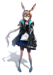 Rule 34 | 1girl, amiya (arknights), animal ears, arknights, black jacket, blue eyes, blue skirt, blush, brown hair, brown pantyhose, choker, commentary request, full body, hair between eyes, hands up, jacket, long hair, long sleeves, looking at viewer, miniskirt, mishiro (ixtlolton), open clothes, open jacket, own hands together, pantyhose, parted lips, partial commentary, plaid, plaid skirt, pleated skirt, rabbit ears, shirt, simple background, skirt, solo, standing, very long hair, white background, white shirt