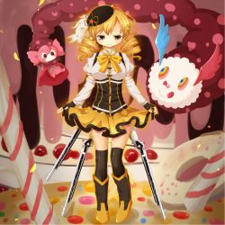 Rule 34 | 10s, 1girl, bad id, bad pixiv id, beret, blonde hair, boots, breasts, candy, candy cane, charlotte (madoka magica), clothes lift, cookie, detached sleeves, doughnut, drill hair, fingerless gloves, food, gloves, gun, hair ornament, hasetomo, hat, magical girl, magical musket, mahou shoujo madoka magica, mahou shoujo madoka magica (anime), medium breasts, pleated skirt, puffy sleeves, rifle, skirt, skirt lift, thighhighs, tomoe mami, weapon, yellow eyes, zettai ryouiki