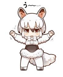 Rule 34 | 10s, 1girl, animal ears, arms up, black hair, bow, bowtie, claw pose, clenched hand, dress, frilled dress, frills, gradient hair, kemono friends, long sleeves, looking at viewer, multicolored hair, nervous, open mouth, southern tamandua (kemono friends), tamandua ears, tamandua tail, tanaka kusao, underbust, white hair