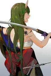 Rule 34 | 1girl, :d, alternate costume, arknights, black kimono, chest sarashi, chinese commentary, commentary request, female focus, from behind, gradient background, green eyes, green hair, grey background, highres, holding, holding sword, holding weapon, horns, hoshiguma (arknights), japanese clothes, katana, kimono, long hair, looking at viewer, looking back, mizuno star, open mouth, sarashi, signature, single horn, skin-covered horns, smile, solo, sword, weapon