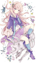 Rule 34 | 1girl, absurdres, blue socks, blush, boots, bow, brown hair, commentary, full body, green ribbon, grey eyes, highres, horn ornament, horn ribbon, horns, jacket, knee up, kneehighs, long hair, long sleeves, looking at viewer, open clothes, open jacket, original, parted lips, purple bow, purple footwear, purple jacket, purple skirt, ribbon, shirt, simple background, skeleton, skirt, sleeves past wrists, socks, solo, star (symbol), starry background, symbol-only commentary, tsukiyo (skymint), very long hair, white background, white shirt, wide sleeves