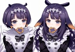 Rule 34 | 2girls, blush, character cookie, cookie, dual persona, food, food in mouth, hair ornament, hololive, hololive english, long hair, long sleeves, mole, mole under eye, multiple girls, ninomae ina&#039;nis, ninomae ina&#039;nis (6th costume), pointy ears, purple eyes, purple hair, short hair, simple background, takodachi (ninomae ina&#039;nis), tentacle hair, upper body, virtual youtuber, white background, yuuyu (777)