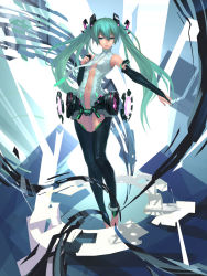 Rule 34 | 1girl, bridal gauntlets, cancer (zjcconan), green eyes, green hair, hatsune miku, hatsune miku (append), highres, long hair, matching hair/eyes, navel, necktie, solo, thighhighs, twintails, very long hair, vocaloid, vocaloid append
