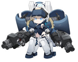 Rule 34 | 1girl, black one-piece swimsuit, blue archive, blue eyes, breasts, brown hair, chibi, closed mouth, commentary request, covered navel, full body, gatling gun, hair between eyes, halo, highres, looking at viewer, mecha musume, multiple-barrel firearm, nyaru (nyaru 4126), one-piece swimsuit, simple background, small breasts, solo, swimsuit, toki (blue archive), white background