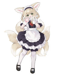 Rule 34 | 1girl, alternate costume, animal ear fluff, animal ears, animal hands, apron, arknights, bell, black bloomers, black dress, bloomers, braid, commentary request, dress, enmaided, fox ears, fox girl, fox tail, frilled apron, frills, full body, gloves, green eyes, hair between eyes, hair rings, hands up, head tilt, highres, jingle bell, kitsune, kyuubi, light brown hair, maid, maid headdress, multiple tails, neck bell, pantyhose, paw gloves, riinougat, short sleeves, simple background, solo, standing, suzuran (arknights), tail, twin braids, twitter username, white apron, white background, white gloves, white pantyhose