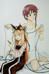 Rule 34 | 1990s (style), 2girls, :o, absurdres, bare arms, barefoot, blonde hair, brown eyes, brown hair, cable, camisole, creator connection, crossover, dress, hair ornament, hair ribbon, hairclip, highres, iwakura lain, long hair, long sleeves, looking away, multiple girls, open mouth, pinafore dress, red eyes, retro artstyle, ribbon, ryushika, ryushika ryushika, serial experiments lain, shirt, short hair, sidelocks, sitting, sleeveless, sleeveless dress, striped clothes, striped shirt, wariza, yasu (shijimi 8)