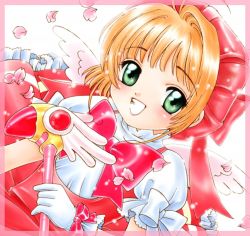 Rule 34 | 1990s (style), 1girl, blonde hair, blunt bangs, bow, bowtie, cardcaptor sakura, child, eyebrows, fuuin no tsue, green eyes, hair intakes, hand on own chest, hat, holding, kinomoto sakura, looking at viewer, magical girl, nekozawa yukari, pink hat, red bow, red bowtie, retro artstyle, rod, short hair, simple background, solo, staff, wand, white background