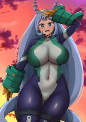 Rule 34 | 1girl, :d, blue bodysuit, blue eyes, blue hair, bodysuit, boku no hero academia, breasts, cloud, cloudy sky, covered navel, gloves, gluteal fold, hadou nejire, hair horns, huge breasts, long hair, open mouth, orange sky, salute, sky, smile, straight hair, sunset, thick thighs, thighs, very long hair, yamaori, yellow gloves