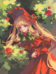 Rule 34 | 1girl, absurdres, blonde hair, blue eyes, bonnet, bow, bowtie, capelet, closed mouth, commentary, dress, drill hair, drill sidelocks, expressionless, flower, frilled capelet, frills, green bow, green bowtie, highres, lolita fashion, long hair, long sleeves, looking at viewer, medium bangs, mio4moon, red capelet, red dress, red flower, red headwear, red rose, rose, rozen maiden, shinku, sidelocks, solo, twintails, upper body, very long hair