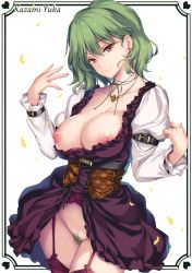 Rule 34 | 1girl, absurdres, alternate costume, arm belt, belt, bottomless, breasts, character name, collarbone, colored pubic hair, corset, cowboy shot, dress, ear piercing, female pubic hair, garter belt, green hair, green pubic hair, hair between eyes, hands up, head tilt, heart, highres, juliet sleeves, kazami yuuka, large breasts, long sleeves, looking at viewer, monety, nipples, no bra, petals, piercing, pink lips, pubic hair, puffy sleeves, purple dress, red eyes, red thighhighs, scan, short hair, simple background, smile, solo, standing, thighhighs, thighs, touhou, white background