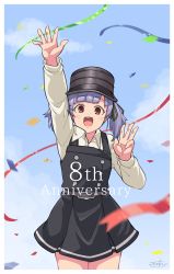 Rule 34 | 1girl, anniversary, blue sky, blunt bangs, brown eyes, cloud, commentary request, confetti, day, dress, fujinoki (horonabe-ken), grey hair, hat, kantai collection, long sleeves, looking at viewer, ooshio (kancolle), outdoors, pinafore dress, shirt, short hair, short twintails, sky, sleeveless, sleeveless dress, smile, solo, twintails, white shirt