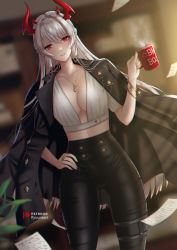 Rule 34 | 1girl, black coat, black pants, blurry, blurry background, blush, breasts, cleavage, coat, coat on shoulders, coffee mug, collarbone, cup, depth of field, gluteal fold, hand on own hip, highres, holding, holding cup, horns, indoors, jewelry, large breasts, long hair, looking at viewer, midriff, mug, necklace, open clothes, open coat, original, pants, paper, parted lips, pointy ears, red eyes, ring, ryuuneart, shirt, short sleeves, silver hair, smile, solo, standing, steam, straight hair, thigh strap, tight clothes, tight pants, very long hair, white shirt