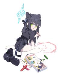 Rule 34 | absurdres, animal ears, black dress, black hair, blue archive, china dress, chinese clothes, crayon, dress, green eyes, halo, highres, shoes, short sleeves, shun (blue archive), shun (small) (blue archive), tiger ears, tiger girl, toombo12, two side up, unworn shoes