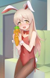 Rule 34 | 1girl, ahoge, animal ears, bare arms, bare shoulders, blush, bow, bowtie, colored inner hair, commentary request, couch, covered navel, detached collar, door, fake animal ears, grey hair, hair between eyes, hands up, holding, holding stuffed toy, indoors, leotard, living room, long hair, looking at viewer, multicolored hair, on couch, onii-chan wa oshimai!, open mouth, oyama mahiro, pantyhose, pink hair, playboy bunny, rabbit ears, rabbit tail, red bow, red bowtie, red leotard, side-tie leotard, sitting, sody, solo, strapless, strapless leotard, stuffed carrot, stuffed toy, sweatdrop, tail, white tail, white wrist cuffs, wrist cuffs, yellow eyes